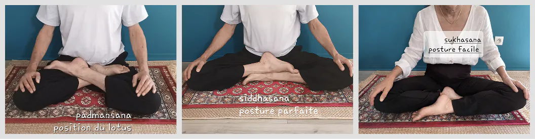 Trois postures de jambres pour la méditation assise.